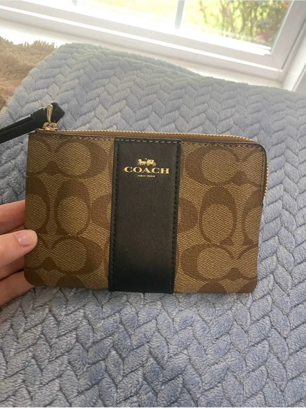 COACH Brown Signature Canvas Wristlet with Black Center Stripe